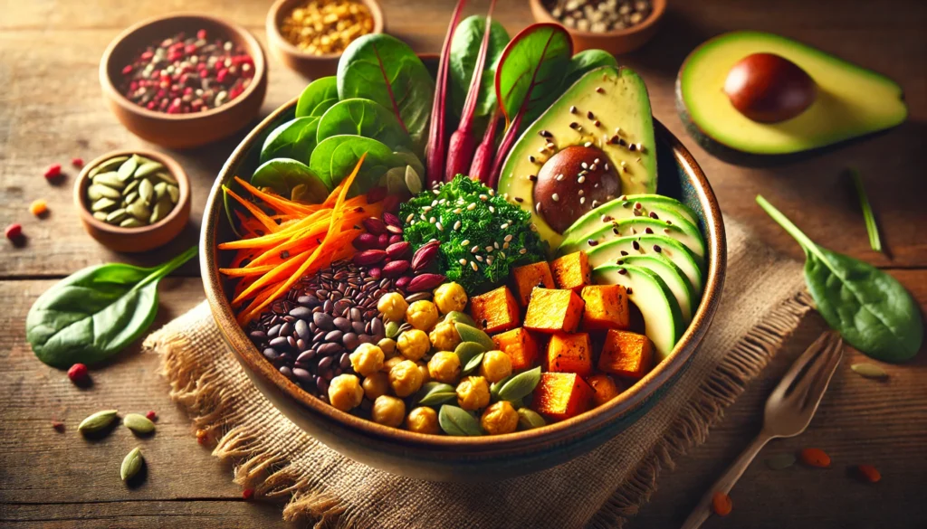 Nutrient-Dense Meal Bowl for Hormonal Support – A vibrant bowl containing quinoa, chickpeas, spinach, roasted sweet potatoes, avocado, and seeds. The warm lighting and fresh setting emphasize the role of balanced nutrition in menstrual cycle regulation.