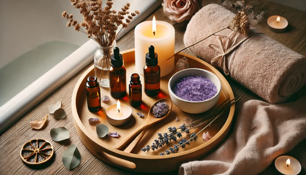 "A peaceful self-care bath setup featuring a wooden tray with small glass bottles of lavender and eucalyptus essential oils, a soft towel, dried flower petals, and a lit candle, creating a warm and soothing environment."