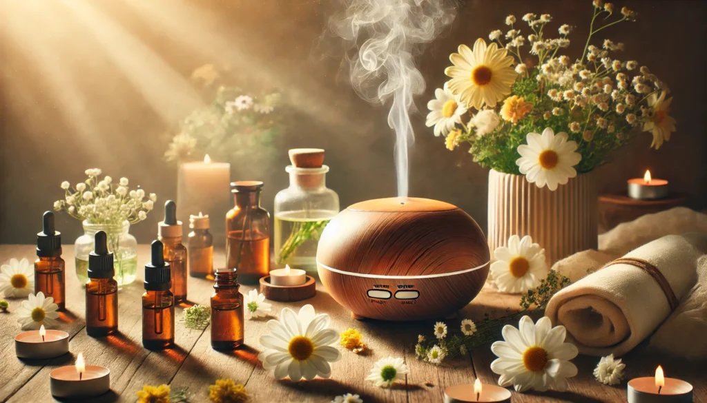 "A relaxing aromatherapy scene with a diffuser emitting a fine mist of chamomile, peppermint, and jasmine essential oils. The setup includes small amber bottles, fresh flowers, and soft candlelight, enhancing the peaceful and rejuvenating mood."