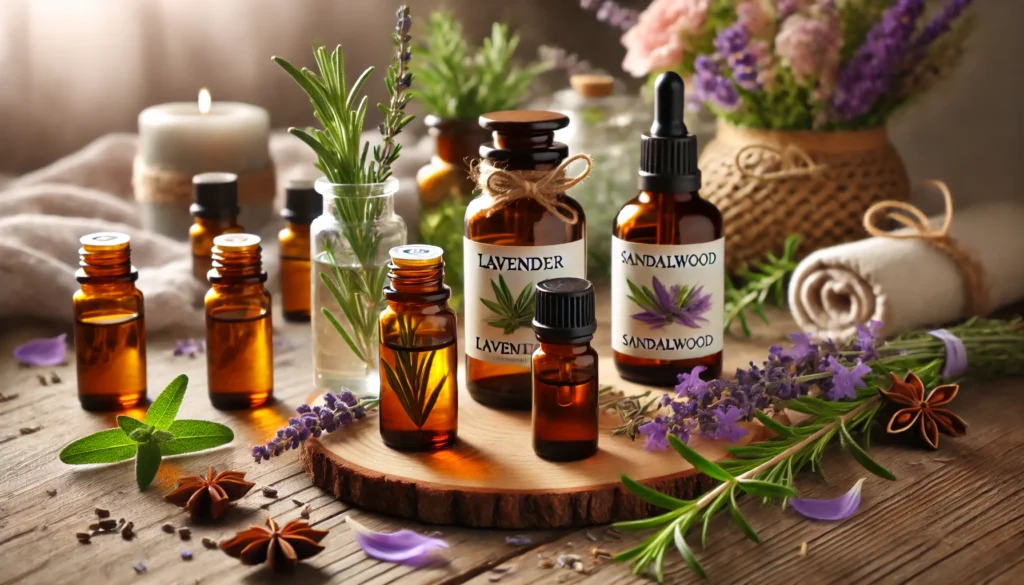 "A close-up of a wooden table displaying bottles of lavender, rosemary, and sandalwood essential oils, accompanied by fresh herbs, delicate petals, and a small glass dropper, bathed in soft natural light for a calming and therapeutic atmosphere."