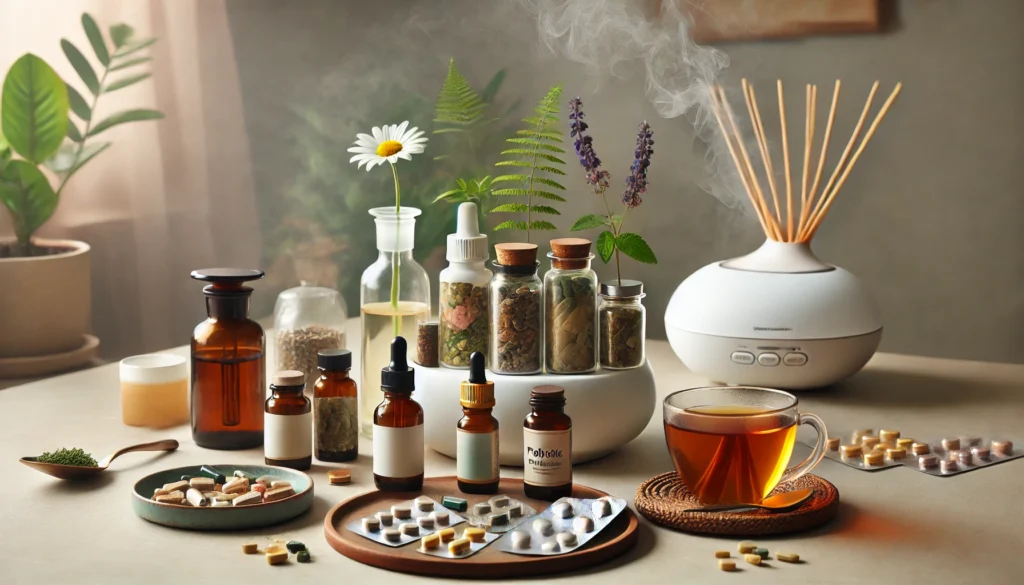 "A holistic wellness setup featuring a collection of anxiety-reducing supplements, including herbal tinctures, probiotic capsules, and vitamin B-complex tablets. The scene is complemented by a cup of chamomile tea, a diffuser emitting a calming mist, and soft natural light for a soothing environment."