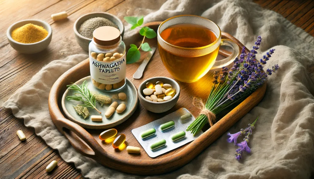 "A peaceful morning routine scene with a wooden tray displaying natural anxiety relief supplements, such as omega-3 capsules, ashwagandha tablets, and a cup of green tea. Soft linen napkins, fresh lavender sprigs, and warm natural light enhance the tranquil and balanced atmosphere."