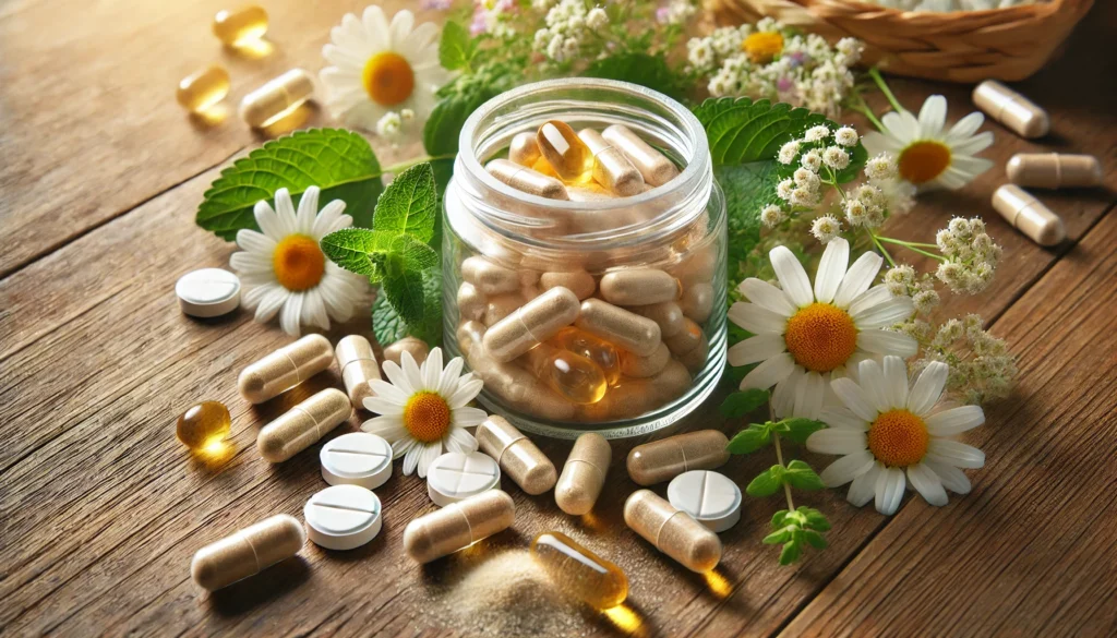 "A close-up of a glass jar spilling natural anxiety supplements onto a wooden surface. The supplements include soft-gel capsules, herbal tablets, and magnesium powder, surrounded by fresh chamomile flowers and lemon balm leaves, bathed in gentle natural sunlight."