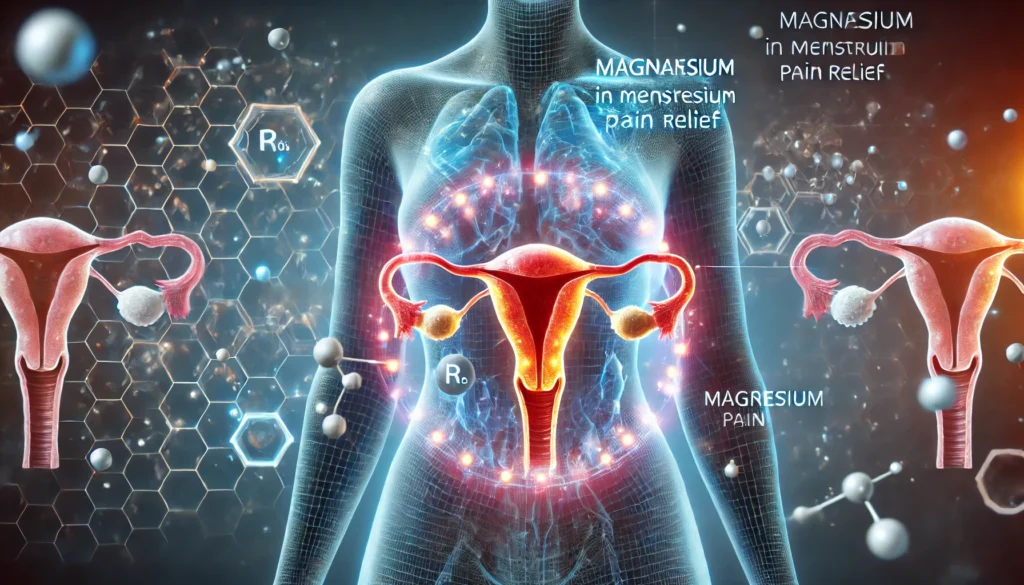 "A futuristic health science visualization depicting magnesium’s role in menstrual pain relief. A glowing representation of magnesium ions interacts with muscle tissue, easing cramps. A transparent female figure with highlighted reproductive organs symbolizes relief and well-being."