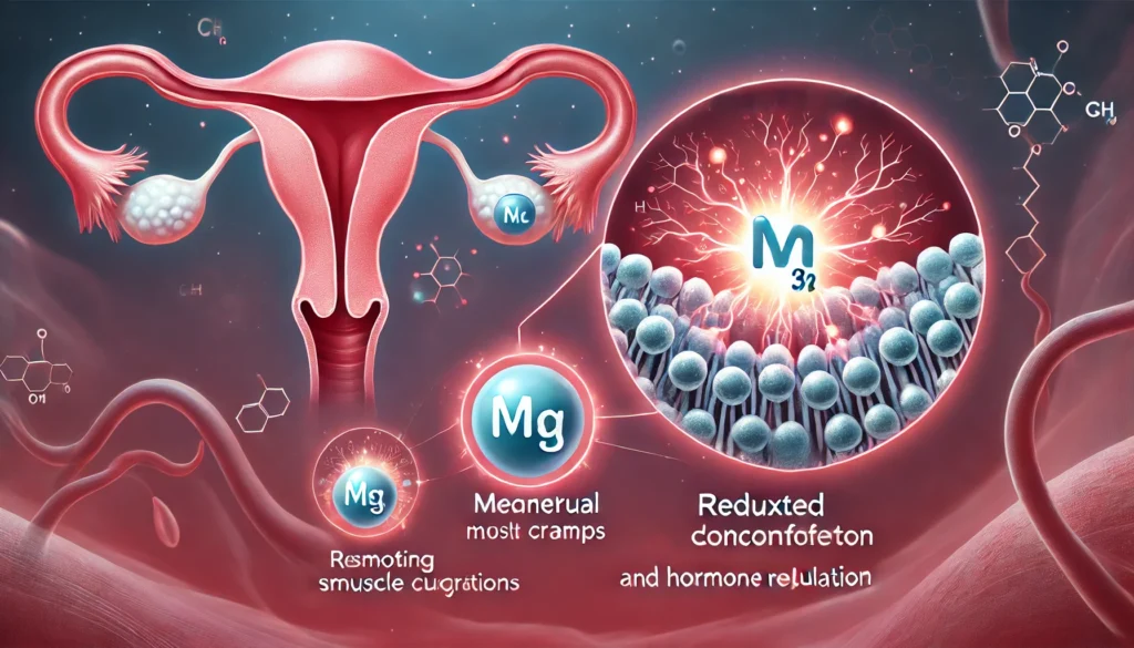 "A medical-style illustration showing the impact of magnesium on menstrual cramps. A glowing magnesium ion interacts with smooth muscle cells, relaxing contractions. The background features an abstract representation of blood flow and hormone regulation, symbolizing reduced discomfort and balance."