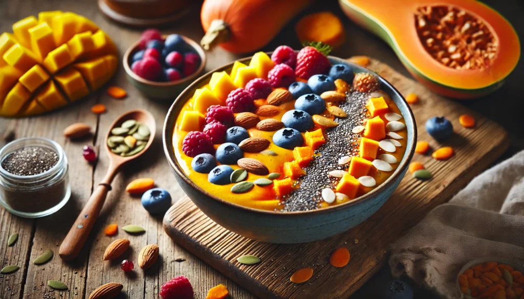 "A vibrant smoothie bowl rich in Vitamin A sources. The bowl is filled with a blended mix of mango, carrot, and pumpkin, topped with fresh berries, chia seeds, and chopped nuts. A wooden spoon rests beside the bowl on a rustic table, with soft natural lighting emphasizing the nutrient-rich ingredients."