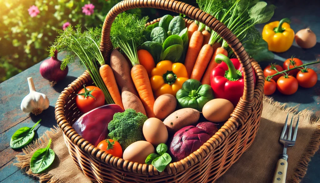 "A market-fresh basket filled with natural sources of Vitamin A. The woven basket contains colorful vegetables and animal-based sources, including fresh carrots, spinach, sweet potatoes, red bell peppers, eggs, and a small portion of liver. The outdoor setting with natural sunlight enhances the freshness of the produce."