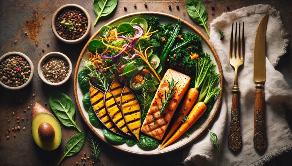 "A nutrient-packed meal showcasing dietary sources of Vitamin A. A beautifully plated dish features roasted sweet potatoes, sautéed kale, and grilled salmon, accompanied by a fresh side salad with shredded carrots. The warm and inviting presentation emphasizes the richness of Vitamin A in whole foods."