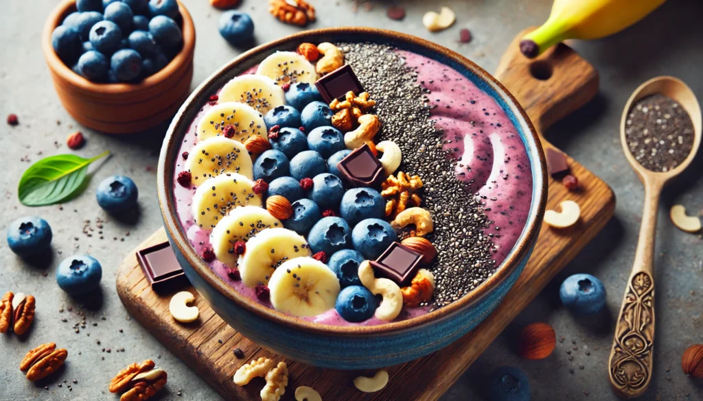 "A nutrient-rich smoothie bowl for energy and happiness. The bowl contains a blend of bananas, blueberries, chia seeds, and Greek yogurt, topped with nuts and dark chocolate shavings. The vibrant colors and natural ingredients create an inviting and energizing meal, symbolizing nourishment and vitality."