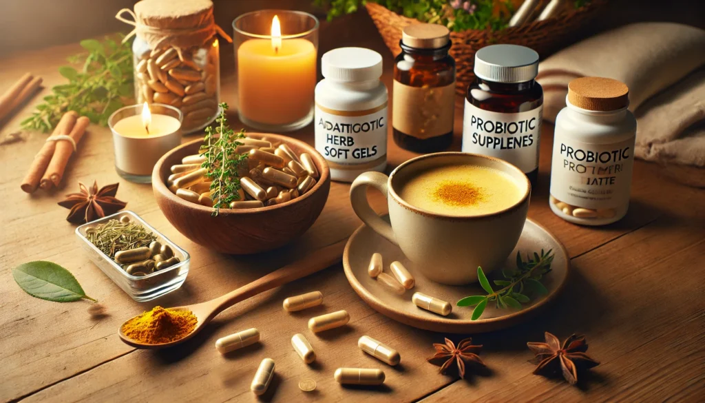 "A holistic energy and mood-boosting supplement setup. A wooden table holds adaptogenic herb capsules, probiotic supplements, and omega-3 soft gels alongside a cup of golden turmeric latte. The warm and earthy setting, with soft candlelight and fresh herbs, evokes a sense of well-being and positivity."