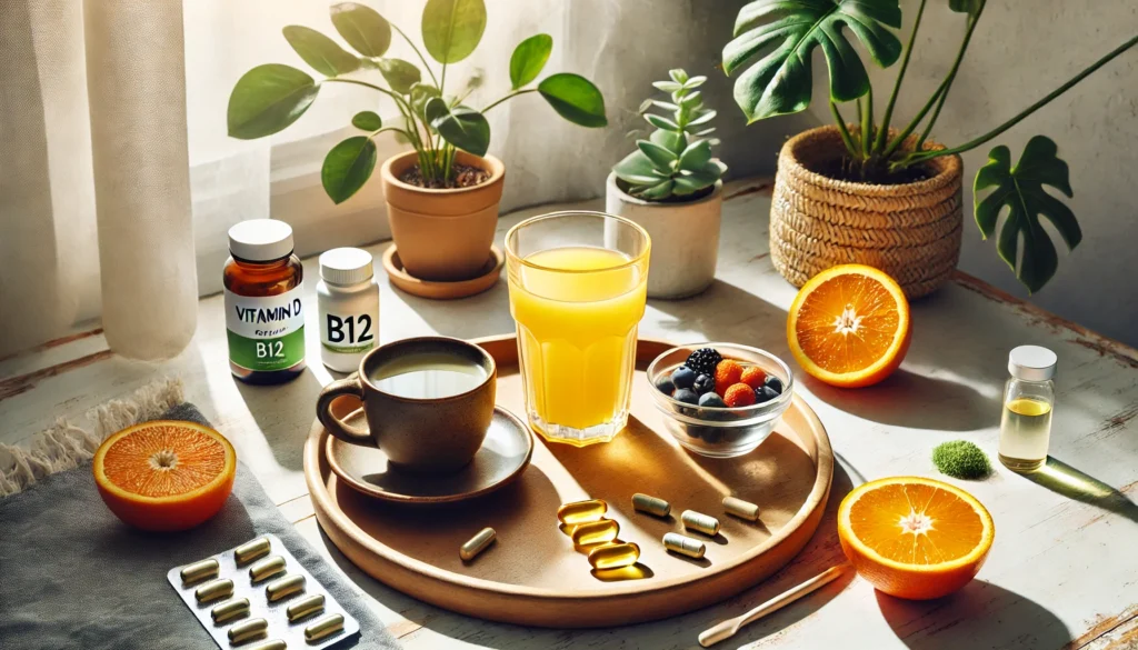 "A bright and refreshing morning routine with energy-boosting supplements. A wooden tray holds a glass of water, vitamin D soft gels, B12 capsules, and a cup of matcha tea. Fresh oranges, berries, and a potted plant sit nearby, bathed in natural sunlight, creating an uplifting and invigorating atmosphere."