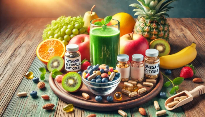 "A vibrant wellness setup featuring supplements for energy and happiness. A wooden table holds natural supplements such as vitamin B-complex, omega-3 soft gels, and magnesium capsules, surrounded by fresh fruits, nuts, and a glass of green smoothie, radiating vitality and positivity."