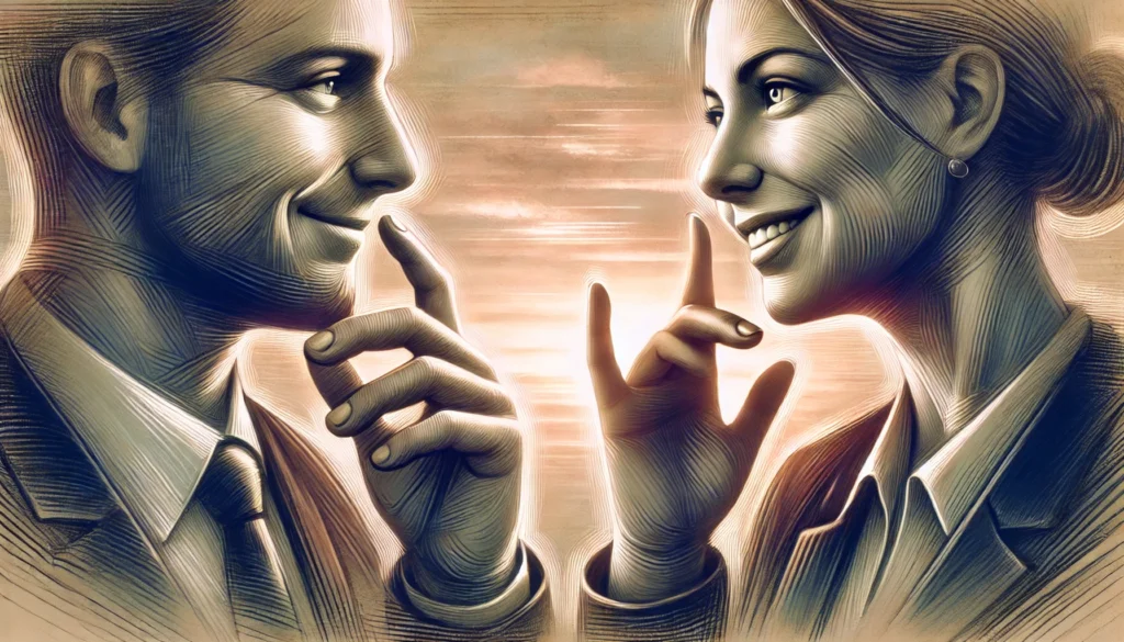  A digital illustration of two people making strong eye contact while smiling, with subtle hand gestures emphasizing engagement and connection, set against a softly blurred background, symbolizing the power of nonverbal communication and emotional intelligence.