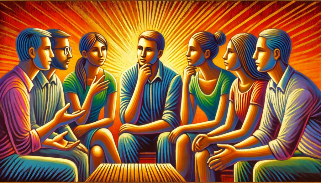 A digital illustration of a group engaged in a discussion, where one person speaks while others lean in attentively, nodding and reacting with expressive facial expressions, set in a warm and inviting space, symbolizing active listening and empathy in effective communication.