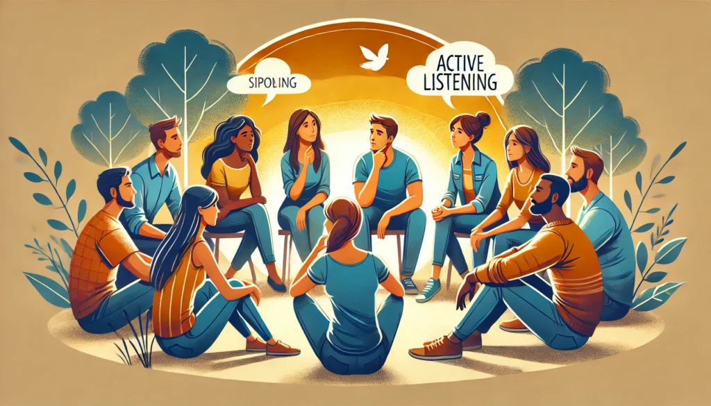 A digital illustration of a diverse group sitting in a circle outdoors, engaged in a deep discussion, where one person speaks while others lean in attentively, nodding and reacting warmly, set against a golden sunset with trees, symbolizing connection and understanding.