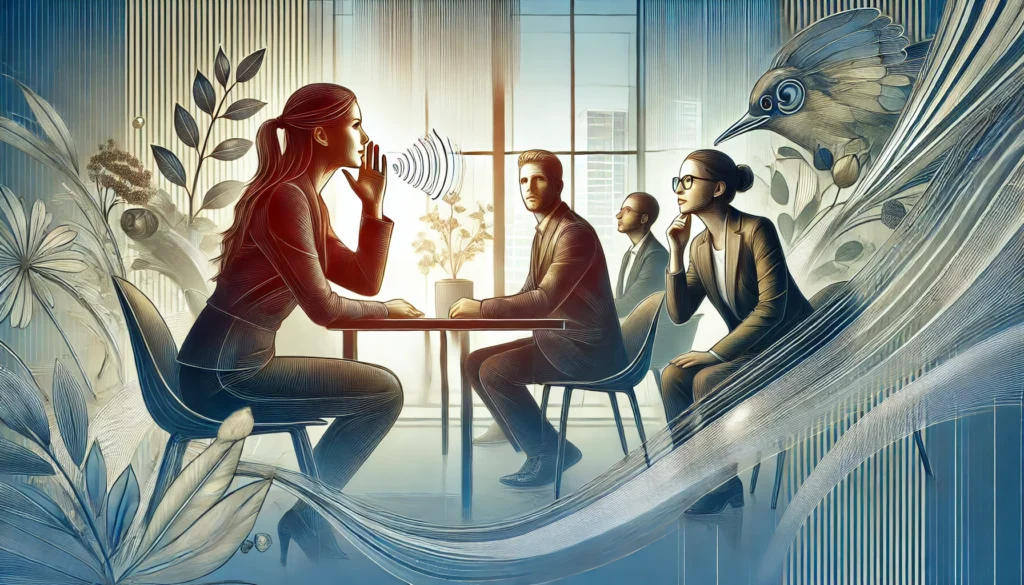 A digital illustration of a professional setting where a team is engaged in a discussion, with one person speaking while colleagues lean forward, maintain eye contact, and react attentively, set in a modern office with natural light and plants, symbolizing respect and engagement in workplace communication