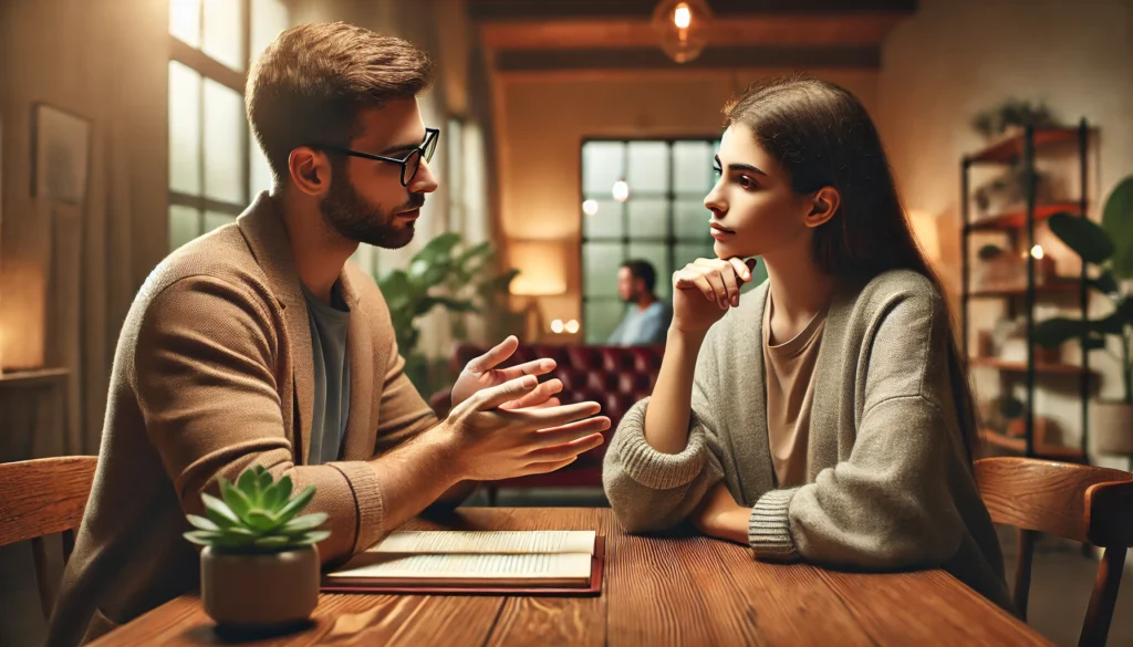 A digital illustration of two individuals sitting at a table, engaging in a calm discussion with thoughtful gestures and attentive listening, set in a cozy indoor space with warm lighting and plants, symbolizing conflict resolution, patience, and effective communication in a healthy relationship.