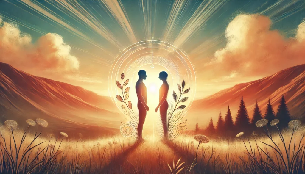 A digital illustration of a couple standing in a scenic outdoor setting at sunset, facing each other with relaxed and open body language, set against a beautiful natural landscape with warm tones, symbolizing emotional connection, trust, and deep understanding in a relationship.