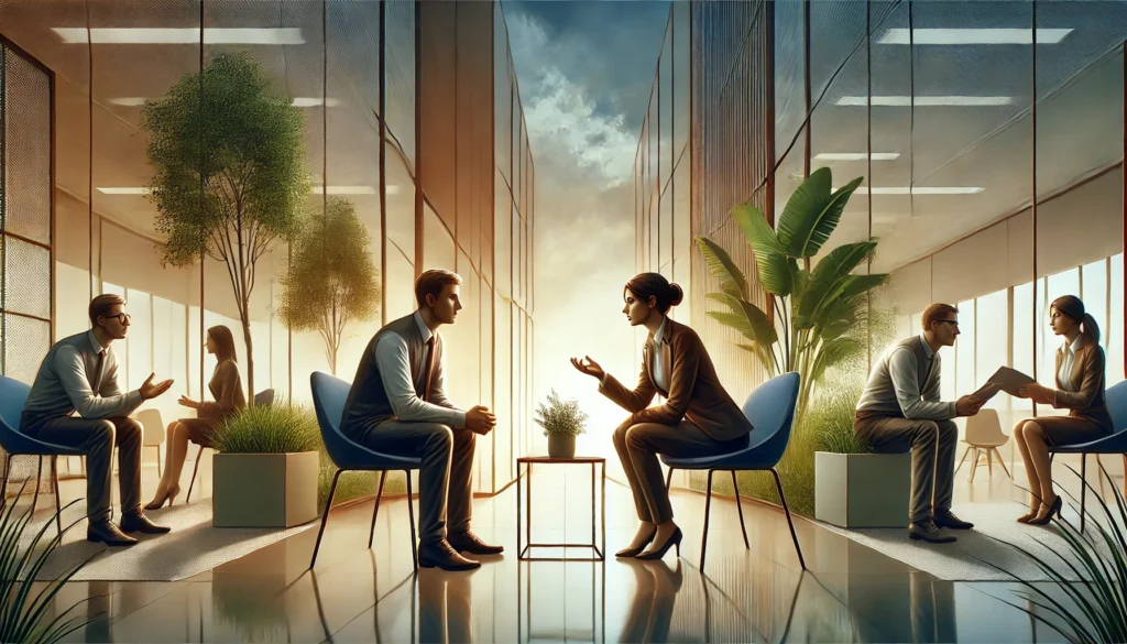 A digital illustration of two colleagues engaged in a calm discussion, demonstrating conflict resolution through emotional intelligence, with one actively listening and the other explaining with open body language, set in a well-lit modern office with glass walls and greenery, symbolizing problem-solving and effective communication.