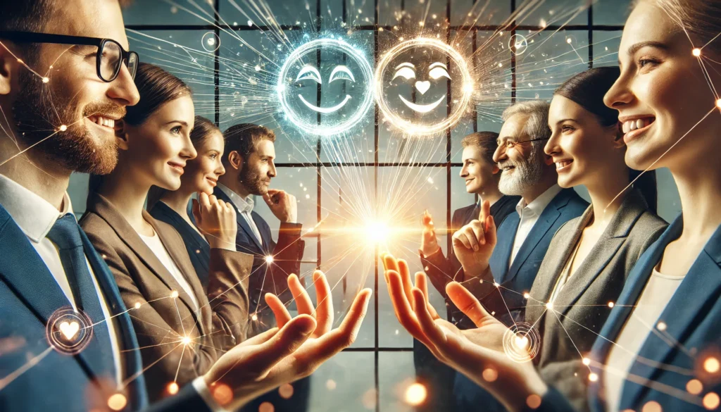 A digital illustration symbolizing emotional intelligence in the workplace, featuring diverse professionals exchanging positive energy through hand gestures and facial expressions, set in an abstract modern office with soft light trails representing empathy, trust, and effective communication.