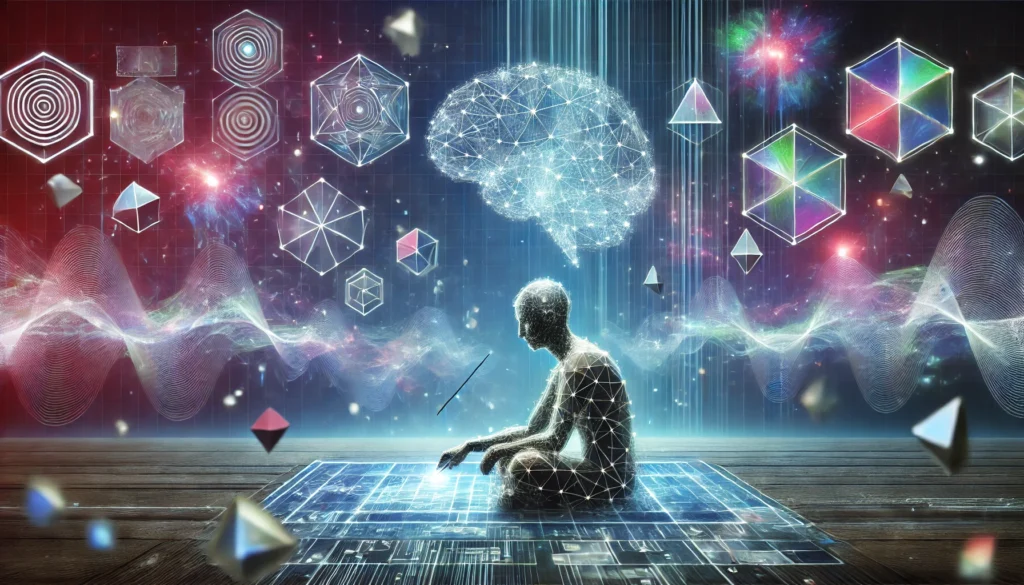 "An artistic representation of cognitive training activities featuring a person solving a mental puzzle, surrounded by holographic geometric shapes and brainwave patterns, illustrating deep cognitive engagement."