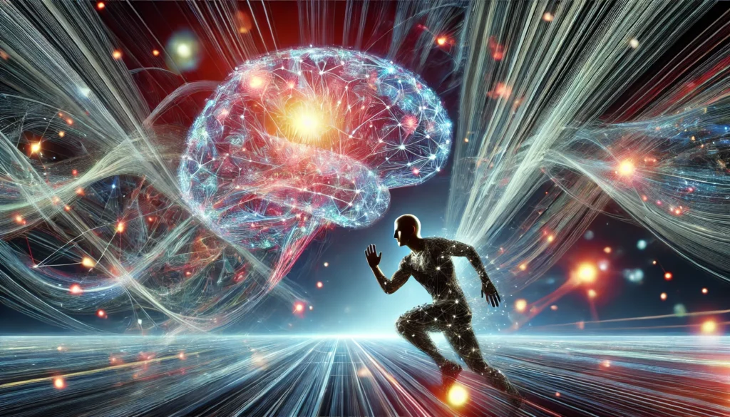 "A visually striking depiction of cognitive training featuring a person engaged in mental exercises, surrounded by glowing neural pathways and swirling light particles representing memory enhancement."