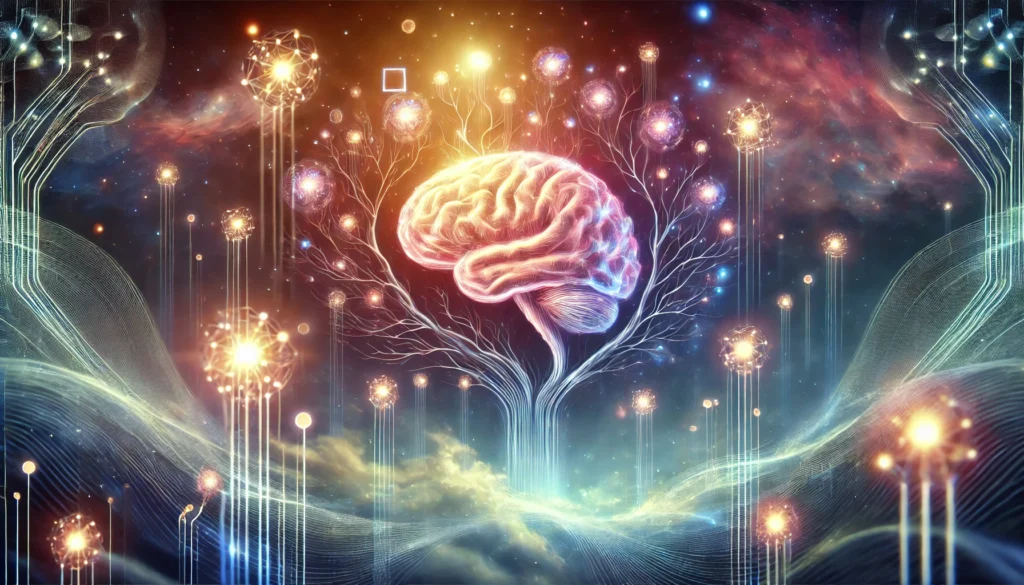 "A surreal artistic depiction of memory improvement, featuring a glowing brain tree with interconnected branches symbolizing neural connections and cognitive expansion, with floating orbs representing stored memories and mental development."