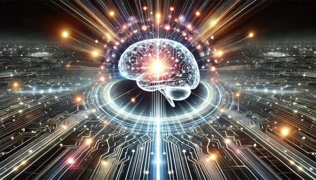 "A conceptual digital artwork depicting cognitive enhancement and brain enhancement, featuring a radiant brain with interconnected glowing circuits surrounded by holographic light streams, symbolizing rapid information processing and neural efficiency."