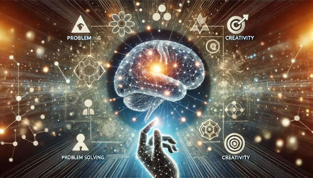 "A conceptual digital artwork depicting effective cognitive stimulation activities for adults, featuring a glowing brain with interconnected neural pathways and symbols representing problem-solving, creativity, and mental exercises."