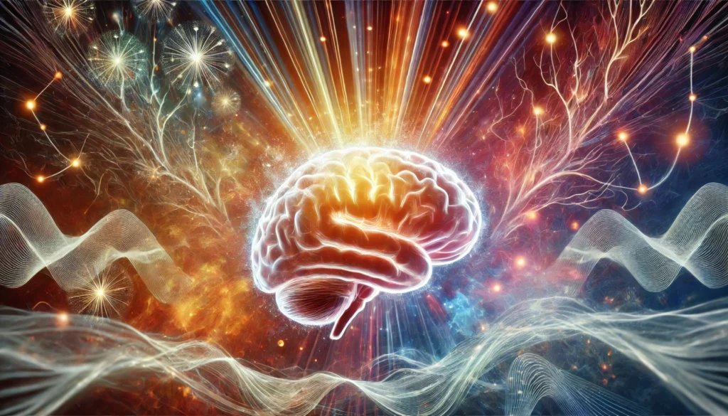 A surreal artistic depiction of an ADHD brain in development, featuring a glowing, translucent brain surrounded by energetic neural currents. The mix of warm and cool colors symbolizes cognitive activity and focus, while abstract energy waves in the background represent evolving neural pathways.