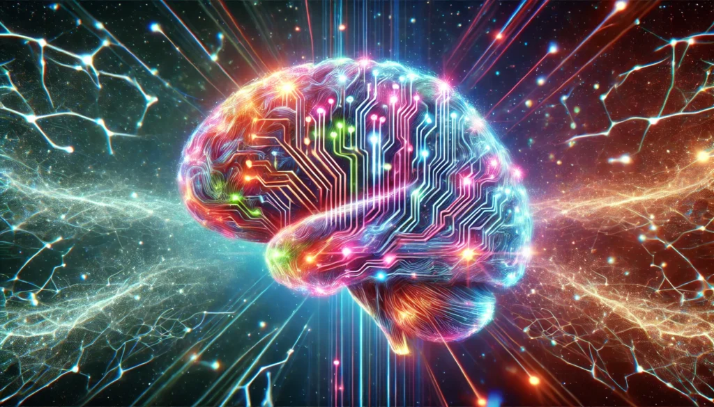 A futuristic concept art of ADHD brain development, featuring a holographic brain with illuminated neural circuits in vibrant colors. The brain appears in motion, symbolizing cognitive processing and neuroplasticity, with a cosmic-inspired neural network in the background emphasizing dynamic connectivity.