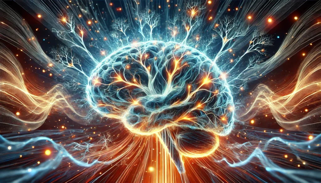 An artistic interpretation of ADHD brain development, featuring an abstract brain with glowing, branching neural pathways in electric blue and orange. The image conveys motion and transformation, symbolizing evolving cognitive processes, with a dynamic neural web in the background emphasizing heightened connectivity and brain activity.