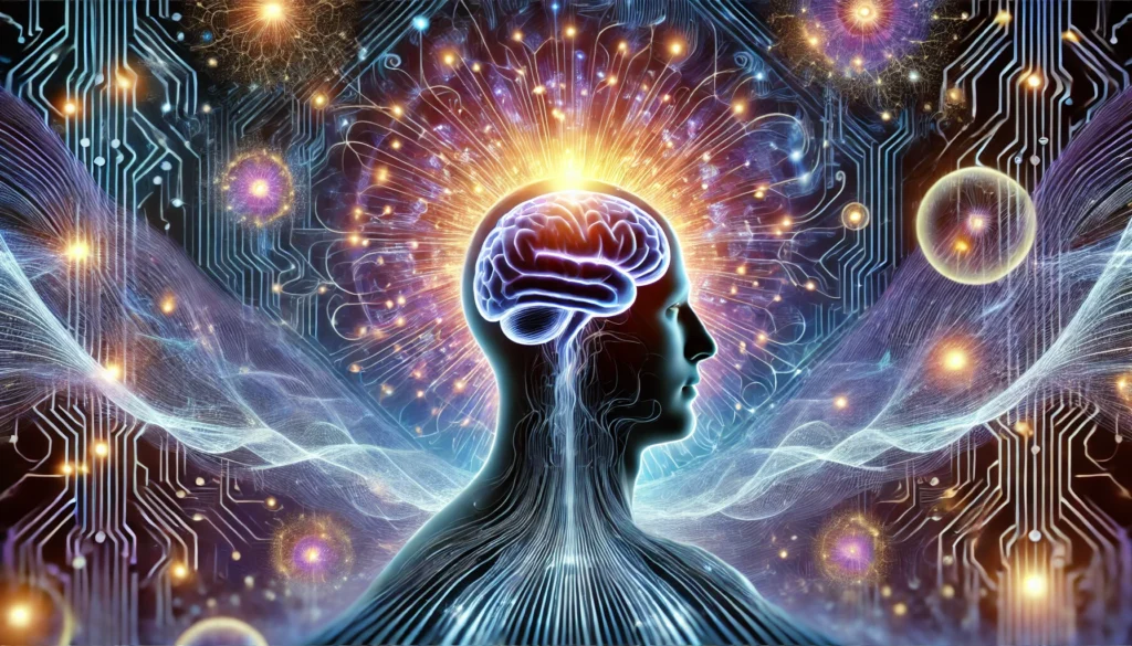 "A surreal representation of focused mental energy, featuring a human silhouette with a radiant, glowing brain emitting waves of concentrated light. Surrounding abstract elements include neural circuits, pulsating orbs, and interconnected energy pathways symbolizing cognitive exercises and heightened mental clarity."