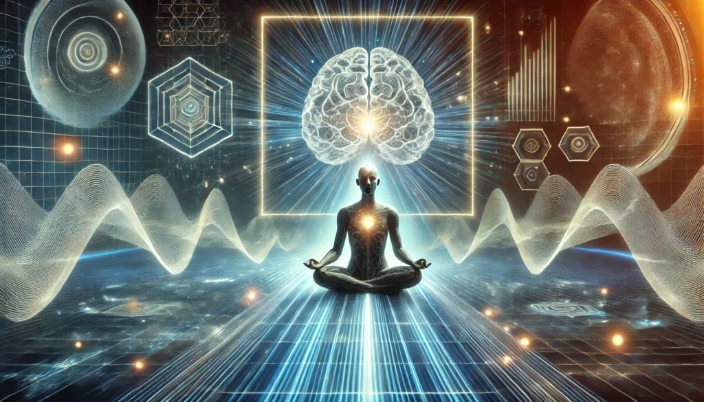 "A conceptual digital artwork depicting a meditative figure with an illuminated brain, surrounded by geometric shapes and light waves representing cognitive focus and mindfulness. Energy pulses radiate from the figure’s mind, symbolizing mental clarity and enhanced concentration."