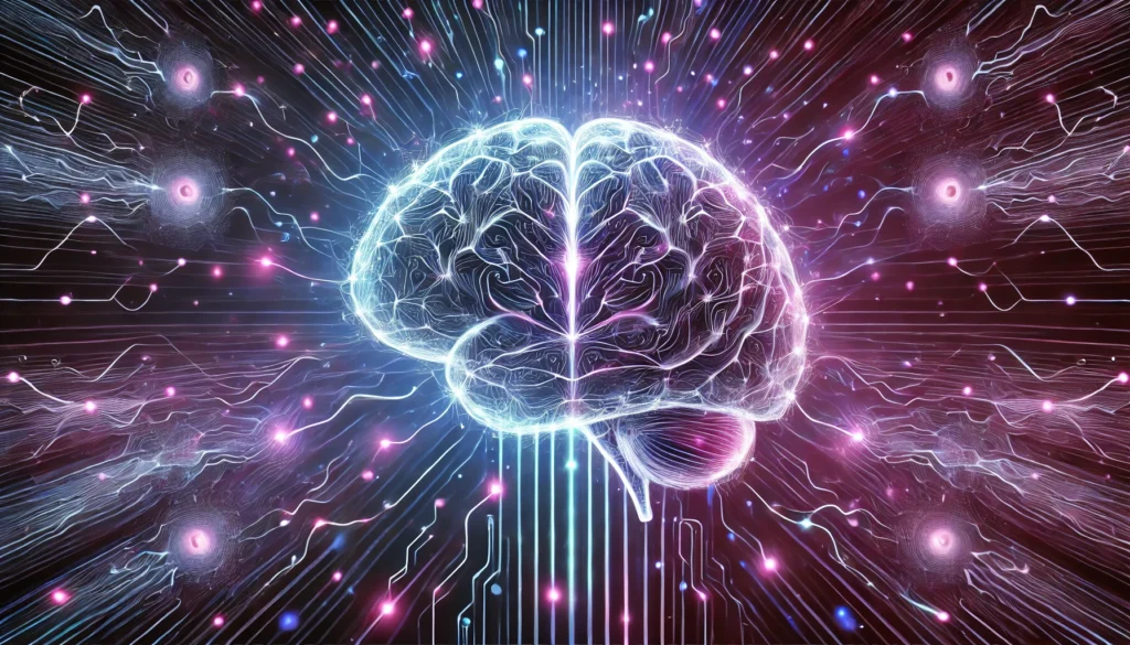 "A conceptual digital artwork illustrating prefrontal cortex training, featuring a brightly glowing brain with intricate neural pathways extending outward. Abstract energy fields and interconnected circuits surround the head, representing cognitive exercises for problem-solving and mental agility. The deep purples and electric blue tones emphasize neural stimulation and focus."