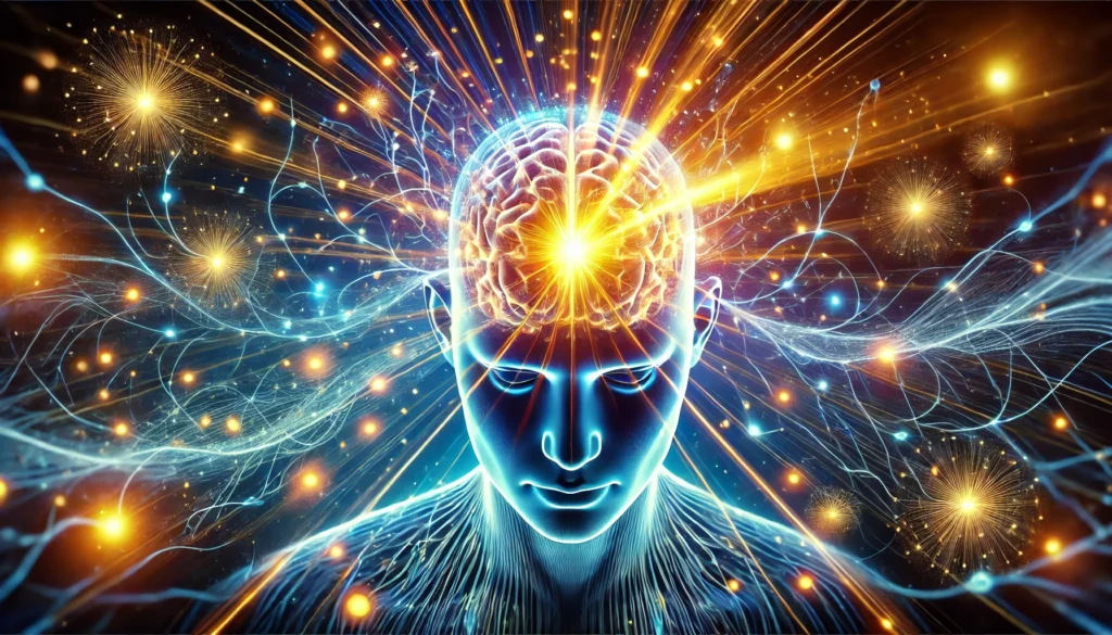 "An artistic visualization of cognitive training, showing a human figure with a glowing frontal lobe. Neural connections and radiant energy waves extend from the brain, symbolizing prefrontal cortex exercises and enhanced executive function. The background blends vibrant blue and golden light, illustrating mental clarity and cognitive enhancement."