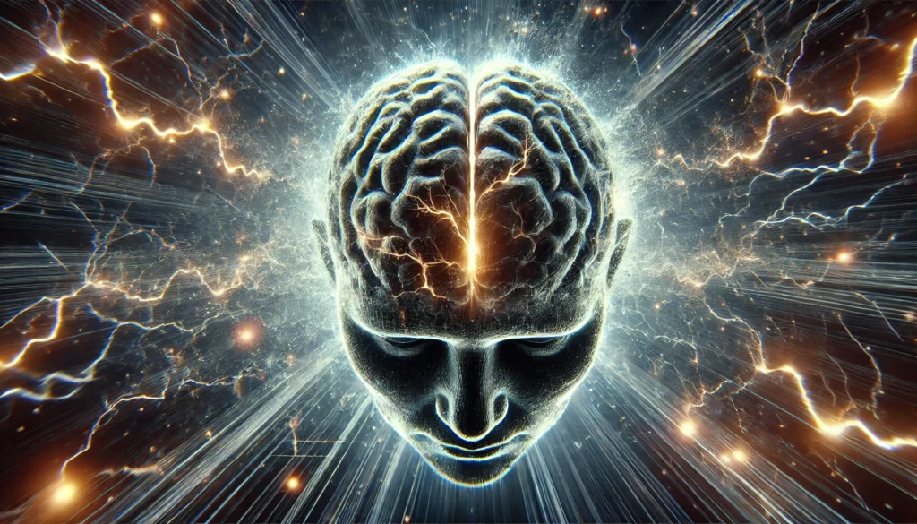 A dramatic digital depiction of a human brain encased in a cracked glass-like structure, with electrical pulses surging through it. The neural pathways flicker between illumination and darkness, symbolizing anxiety’s disruptive effect on memory recall. Chaotic energy waves in the surrounding space represent cognitive turbulence and mental overload.