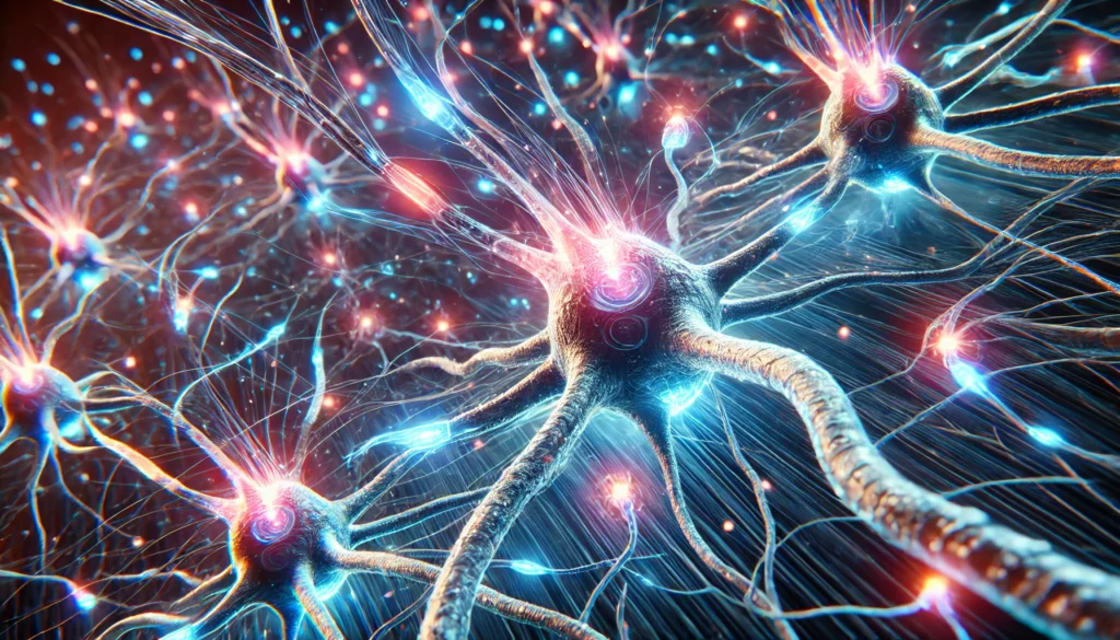 A high-tech visualization of synaptic transmission, featuring a close-up of neurons firing electrical impulses with glowing synapses dynamically exchanging signals, set in a futuristic neon-lit atmosphere.