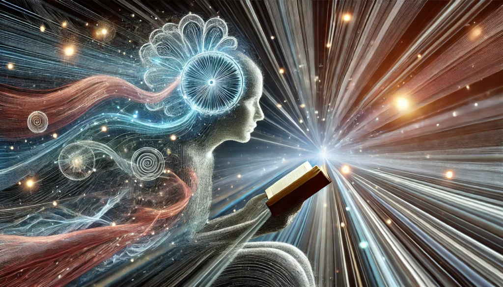 An artistic visualization of cognitive acceleration, featuring a surreal representation of a person reading at an extraordinary speed. The background includes dynamic light trails and abstract energy waves, symbolizing rapid information absorption and retention.