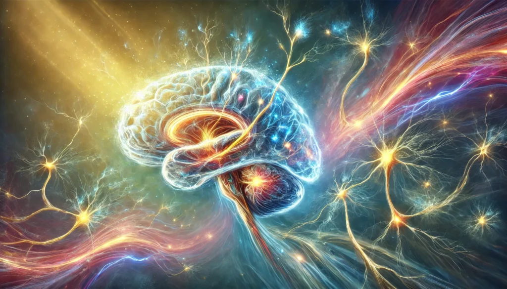 A surreal artistic representation of brain healing, featuring a delicate network of neurons repairing themselves with vibrant energy currents, set against an ethereal blue and gold background symbolizing cognitive recovery and resilience.