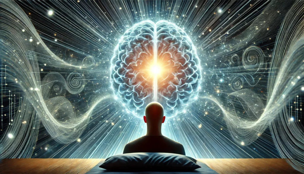 Surreal Mental Focus Representation – A glowing orb of concentrated thought above a person’s head, illustrating heightened cognitive endurance and deep concentration.