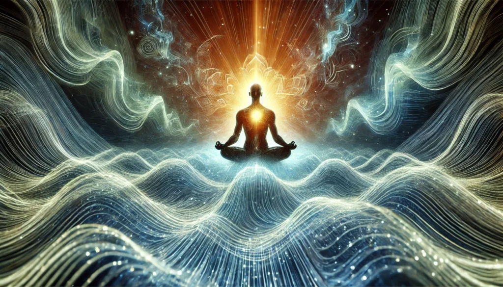 Deep Concentration Visualization – An artistic depiction of a meditating figure surrounded by energy waves, representing sustained attention and mindfulness.