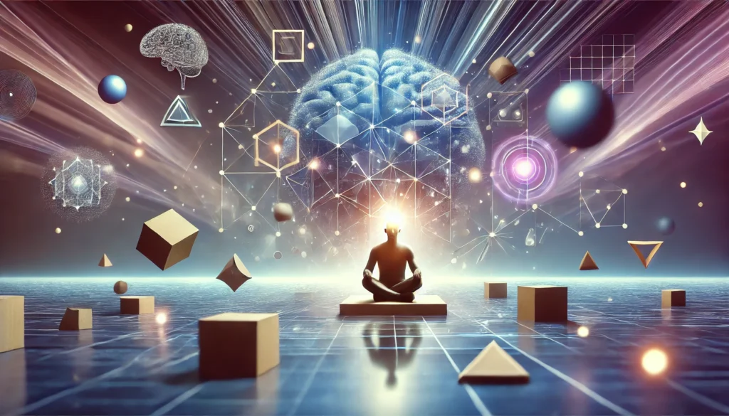 A surreal representation of a focused mind, showing a person sitting in deep concentration while surrounded by floating geometric shapes and glowing orbs. The image conveys a sense of heightened mental clarity and organization, with a futuristic, dreamlike atmosphere. The background features soft gradients of blue and purple, enhancing the theme of cognitive focus and productivity.

