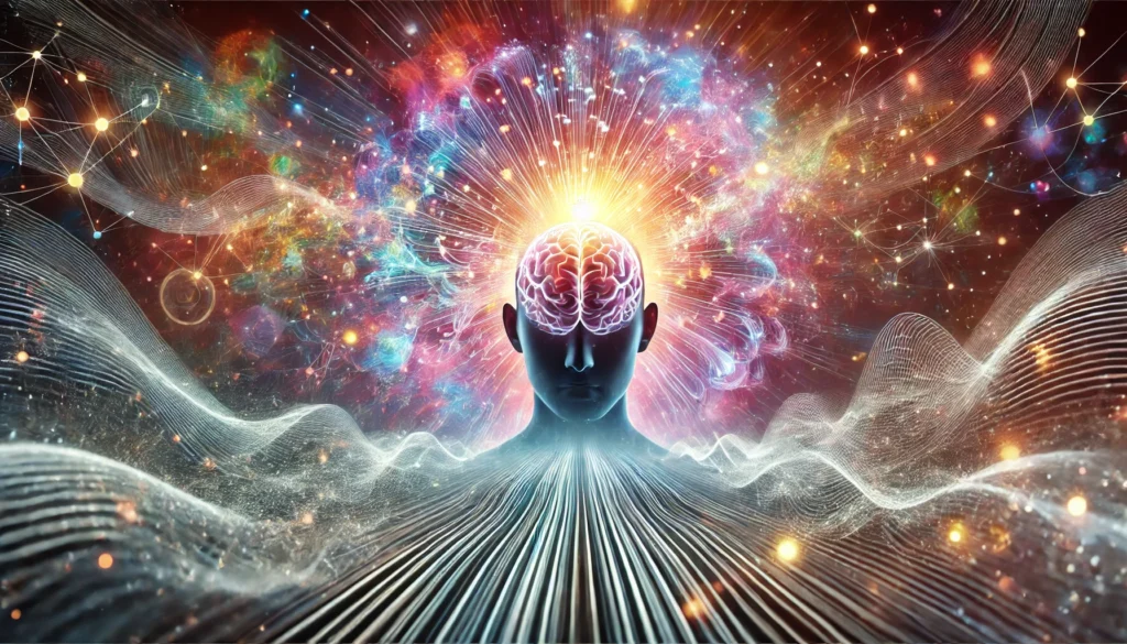 An artistic visualization of a person's mind expanding into a radiant burst of energy and neural sparks, symbolizing improved recall and accelerated learning. The background features an ethereal blend of colors with abstract waves of dynamically flowing information.