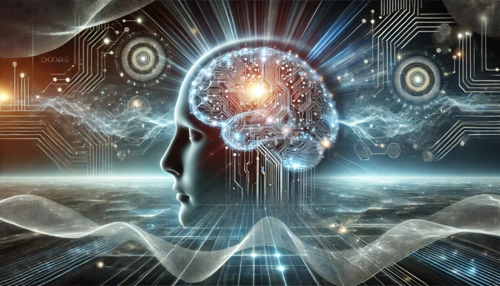 A futuristic concept of a glowing human brain seamlessly merging with a digital data stream, symbolizing enhanced memory retention and cognitive optimization. The background features a high-tech cybernetic landscape with abstract waves of knowledge flowing dynamically.