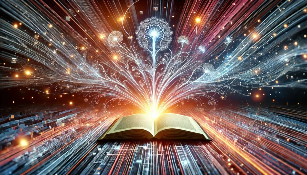 An artistic interpretation of accelerated learning, featuring an open book emitting streams of glowing energy that form intricate neural pathways. The background showcases a dreamlike fusion of abstract patterns and high-speed data flow, symbolizing enhanced reading efficiency.