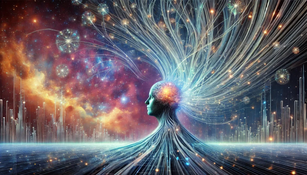 A surreal representation of a mind expanding as it absorbs knowledge, visualized through cascading streams of light and interconnected neural networks. The background features a cosmic-inspired environment, symbolizing limitless learning potential and rapid comprehension.