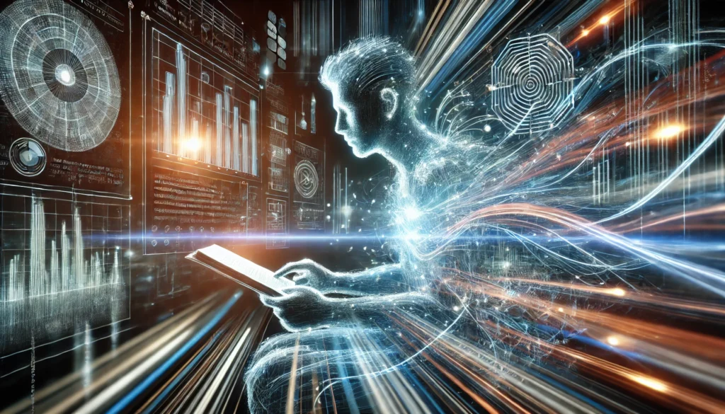 A futuristic depiction of a person reading at high speed, surrounded by glowing streams of data and abstract waves of knowledge. The background features a high-tech ambiance with light trails symbolizing accelerated comprehension and enhanced memory retention.