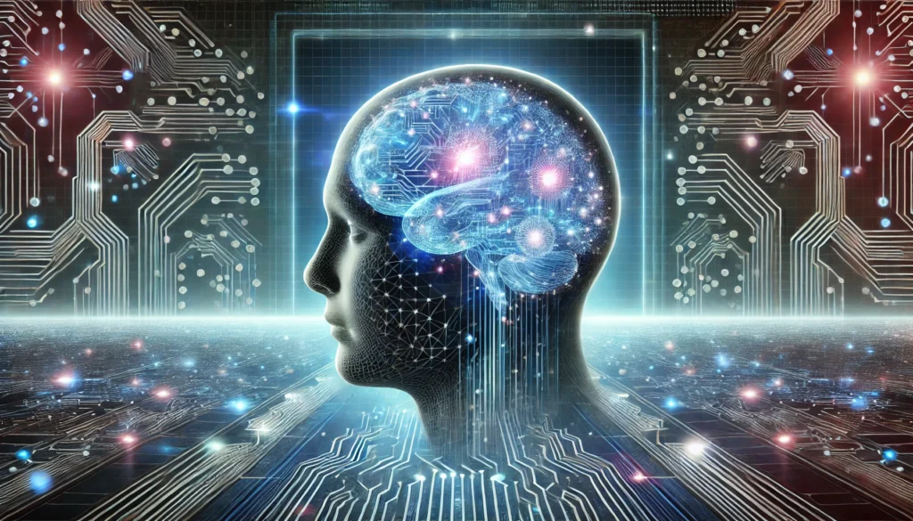 A futuristic interpretation of memory enhancement, featuring a digital human brain merging with holographic data streams. The background showcases a high-tech landscape with neural circuits and glowing pathways, symbolizing advanced cognitive processing.