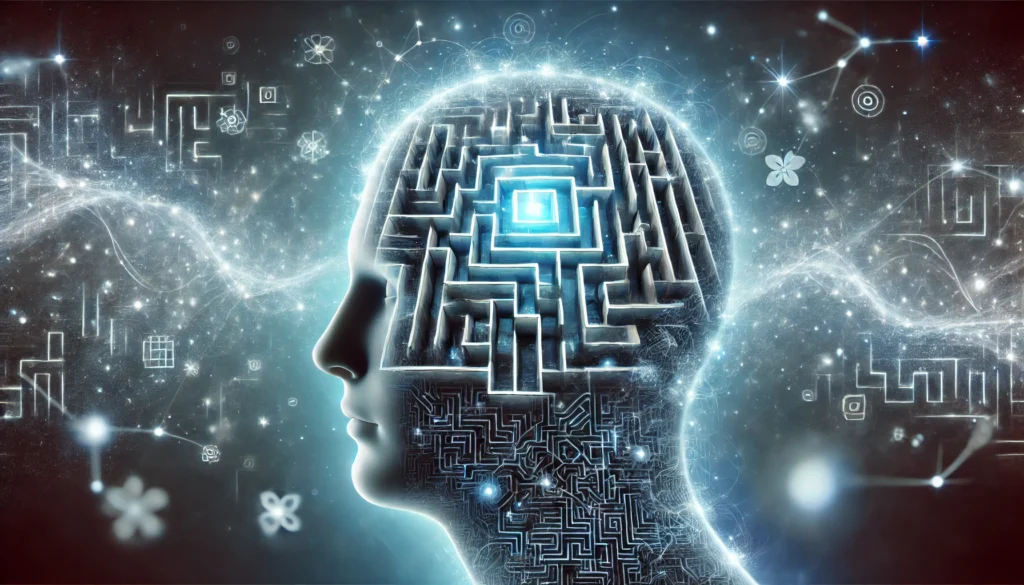 A surreal depiction of a glowing maze-like structure inside a human head, symbolizing complex thought processes and problem-solving. The background features an ethereal blue glow, representing continuous cognitive stimulation and exploration.